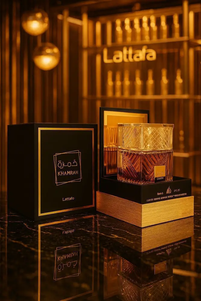 Perfume árabe Khamrah em sua embalagem dourada, iluminação premium